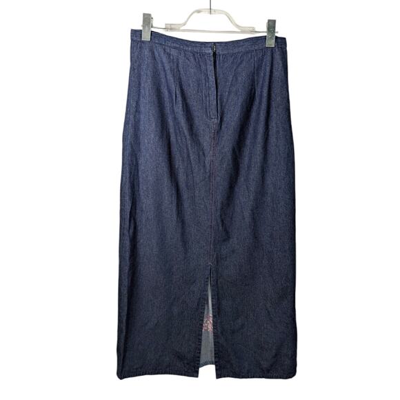 Vintage 90's Funky People Denim Maxi Skirt Embroidered Flowers an Butterfly - Picture 2 of 9